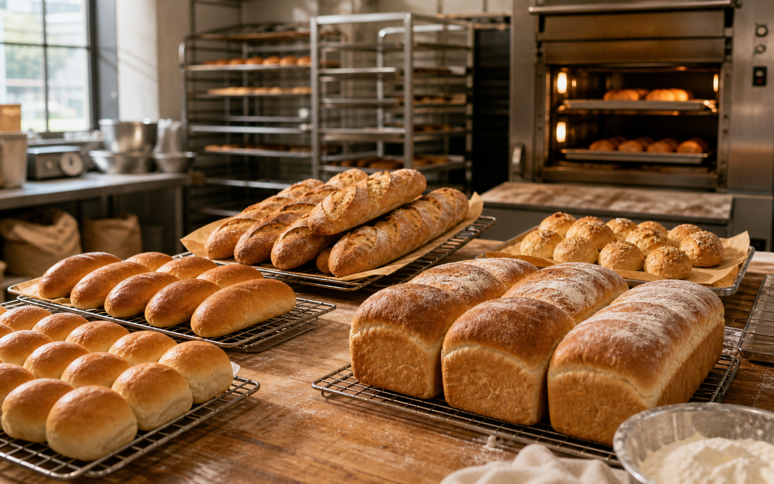 Fresh bread cooling on bakery racks
